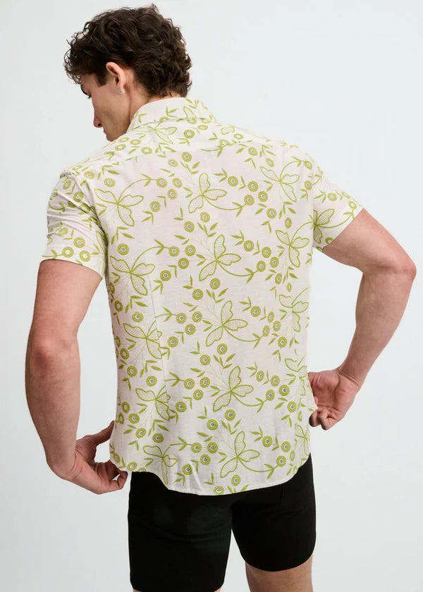 Open Knit Short Sleeve Shirt w/rib collar - Ivy Floral