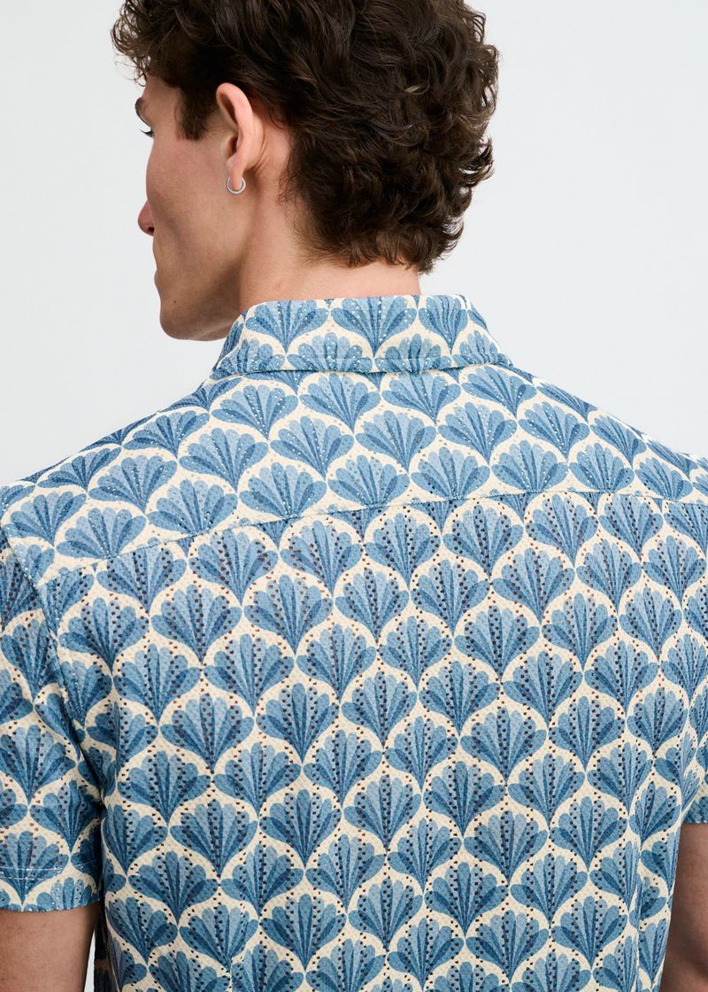 Floral Print Open Knit Stretch Short Sleeve Shirt