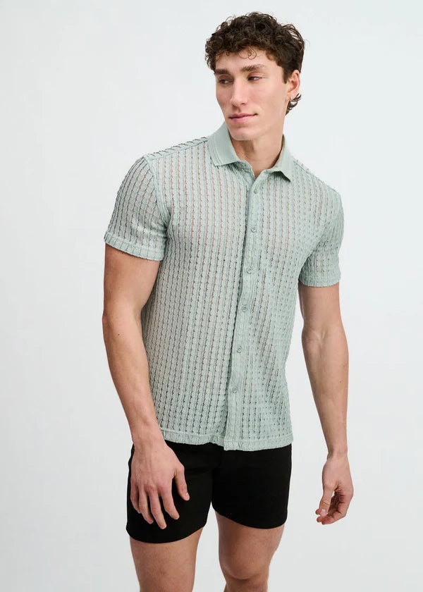 Open Knit Short Sleeve Shirt w/rib collar - Ocean