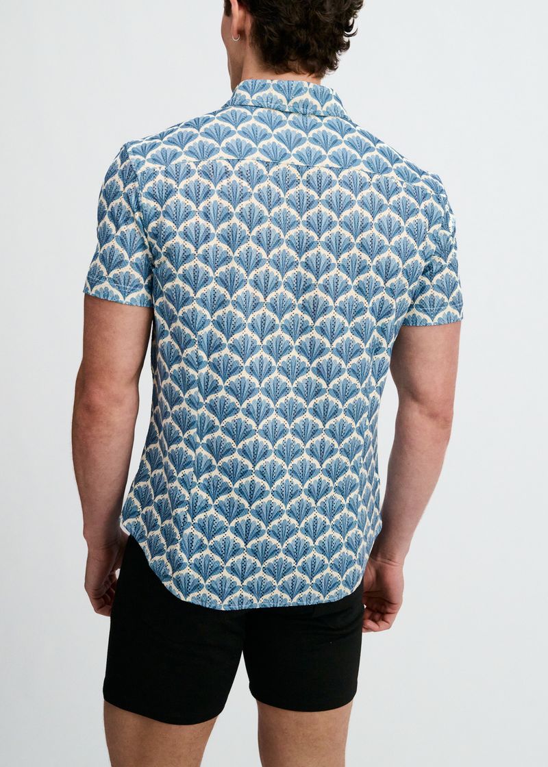 Floral Print Open Knit Stretch Short Sleeve Shirt