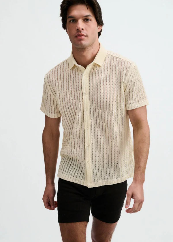 Open Knit Short Sleeve Shirt w/rib collar - Off White