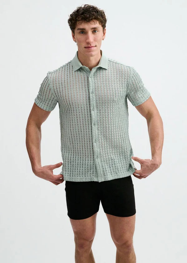Open Knit Short Sleeve Shirt w/rib collar - Ocean
