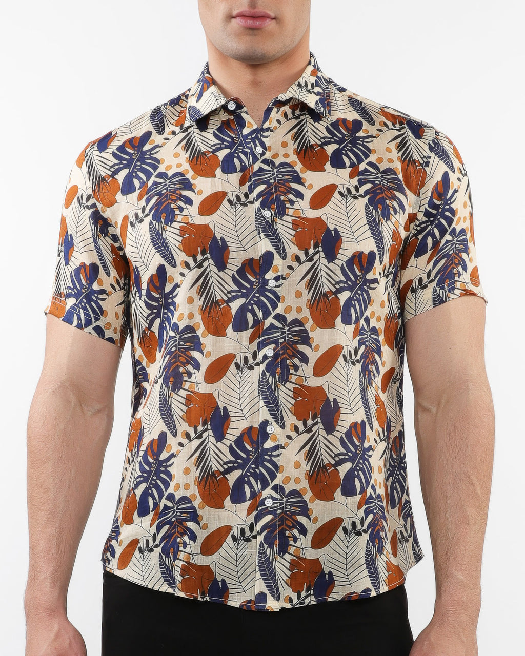 Lightweight Short Sleeve Shirt-Leaves Print Ecru