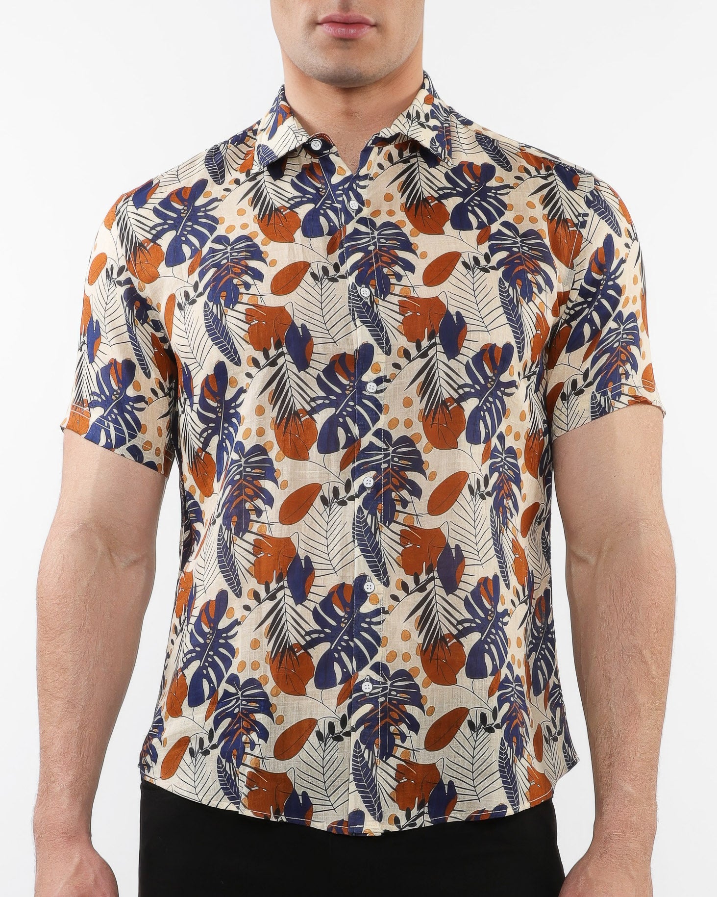 Lightweight Short Sleeve Shirt-Leaves Print Ecru Navy