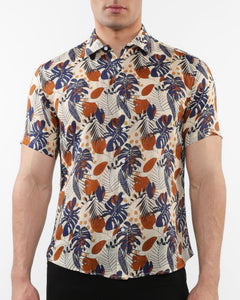 Lightweight Short Sleeve Shirt-Leaves Print Ecru Navy