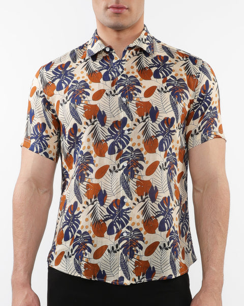 Lightweight Short Sleeve Shirt-Leaves Print Ecru Navy