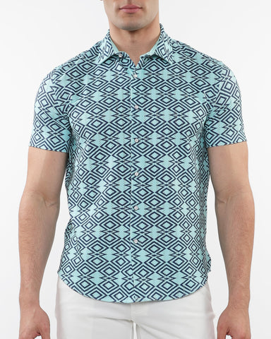 Open Knit Short Sleeve Shirt - Diamonds Print Marine Ocean