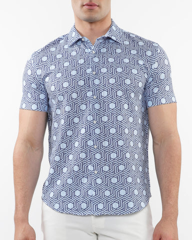 Open Knit Short Sleeve Shirt - Hex Print