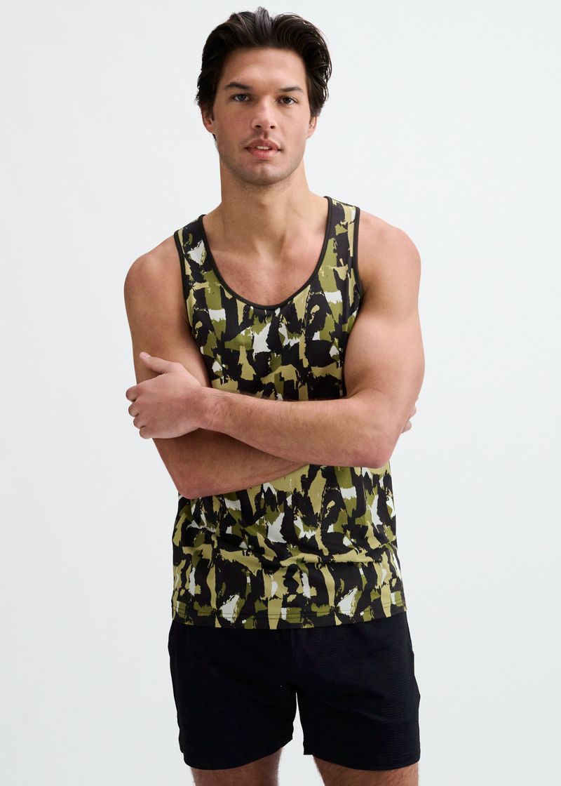 ABSTRACT PRINT STRETCH MESH KNIT TANK TOP