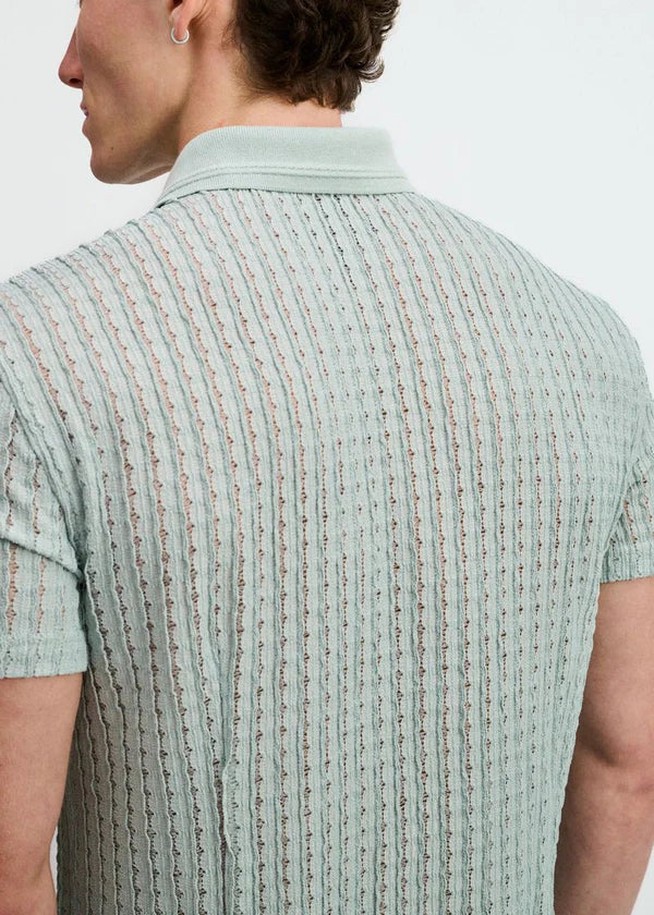 Open Knit Short Sleeve Shirt w/rib collar - Ocean