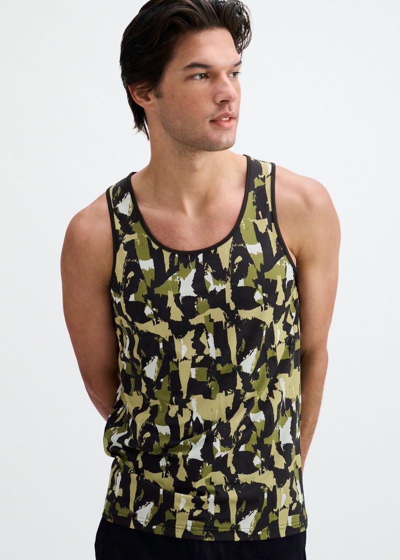 ABSTRACT PRINT STRETCH MESH KNIT TANK TOP
