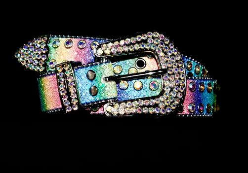 Over The Glitter Rainbow Vegan Leather Rhinestone Belt XL