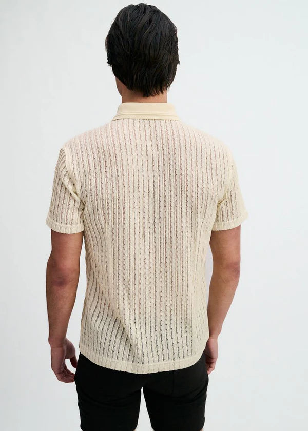 Open Knit Short Sleeve Shirt w/rib collar - Off White
