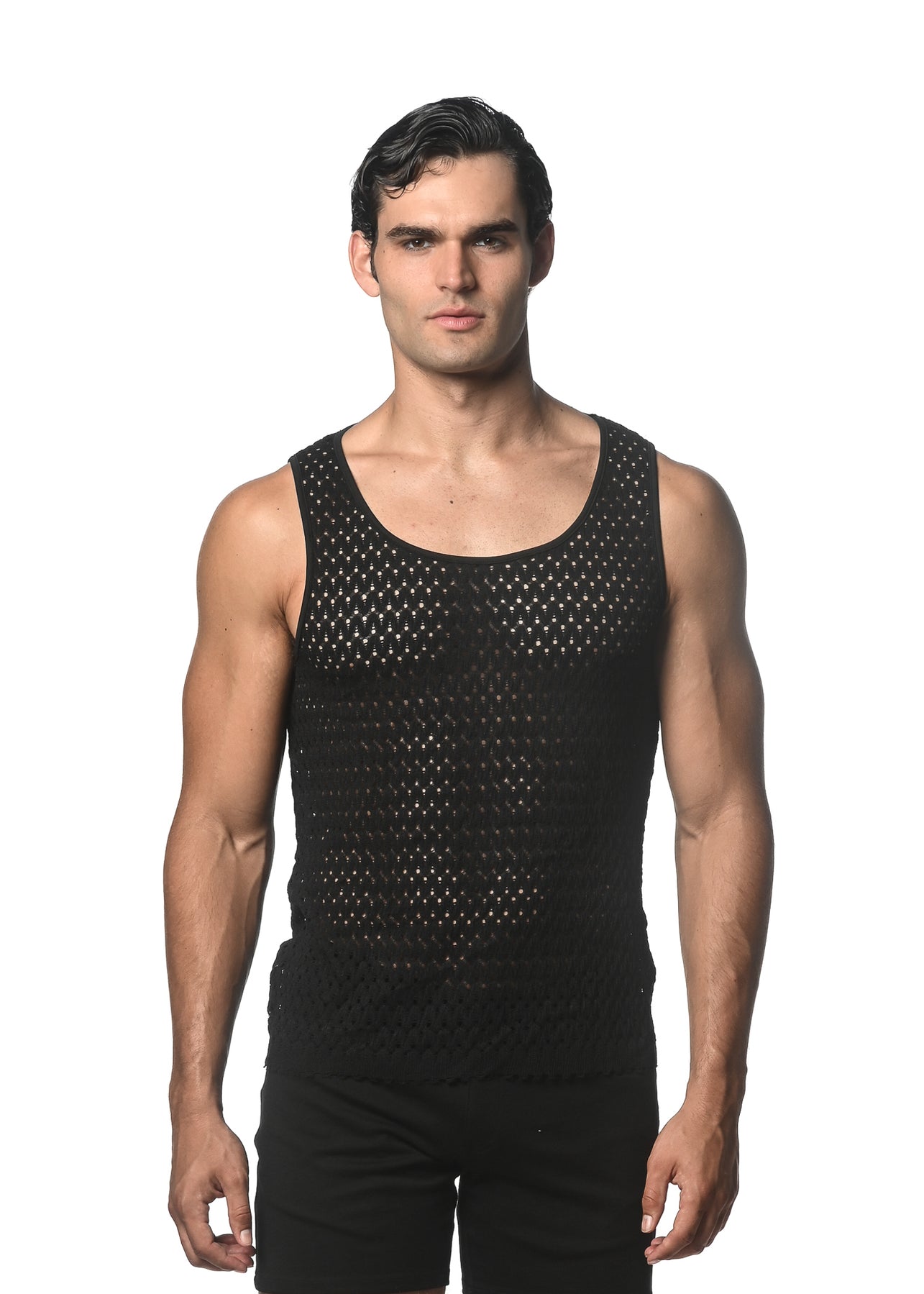 Wave Mesh Stretch Knit Tank Black
