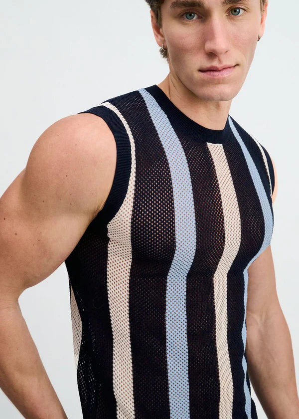 Textured Stripe Open Knit Vest Navy