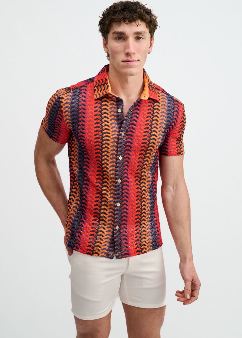 Vertical Arrow Open Knit Short Sleeve Shirt
