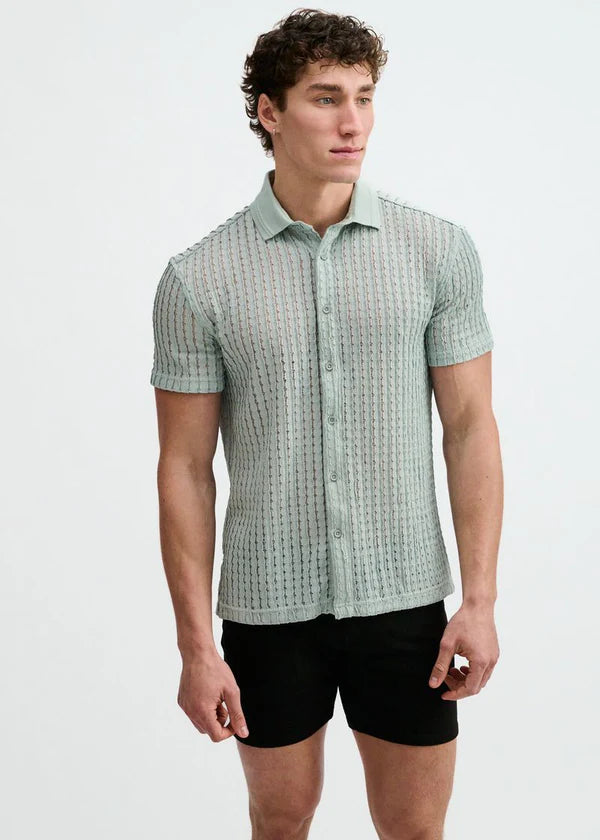 Open Knit Short Sleeve Shirt w/rib collar - Ocean