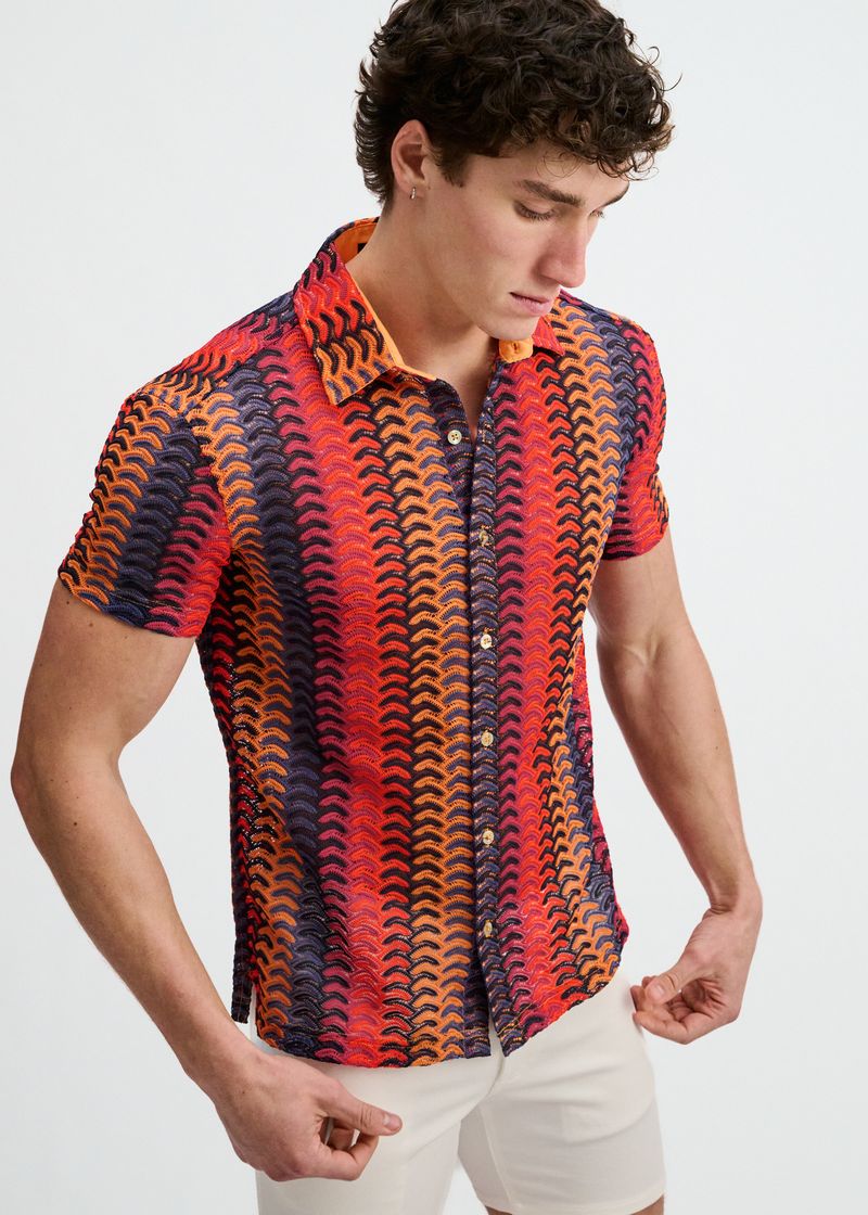 Vertical Arrow Open Knit Short Sleeve Shirt