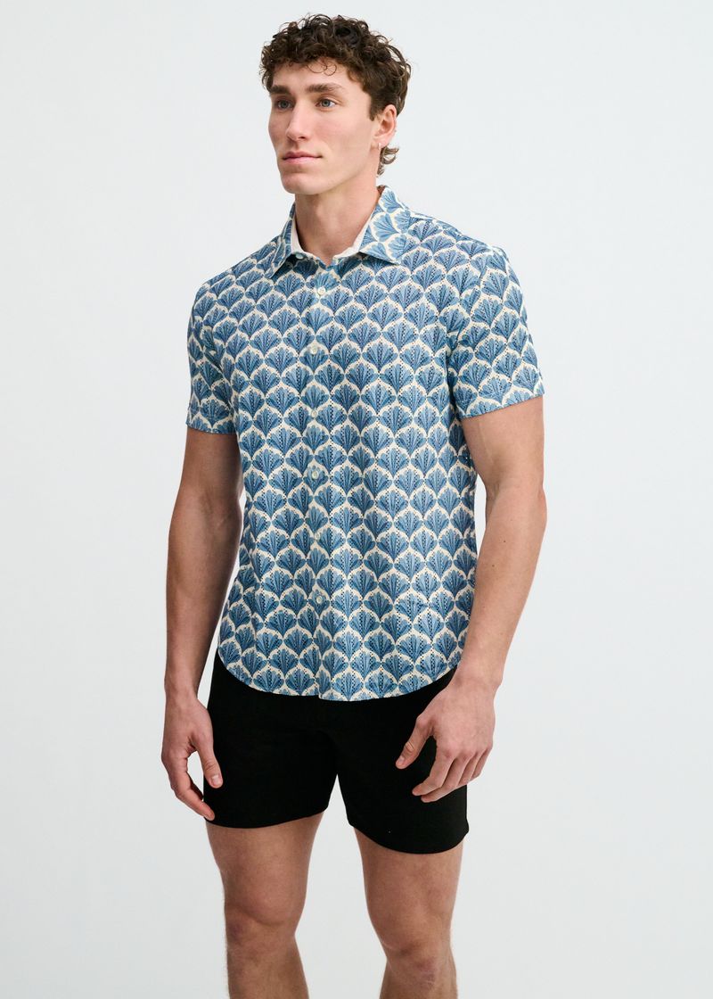 Floral Print Open Knit Stretch Short Sleeve Shirt