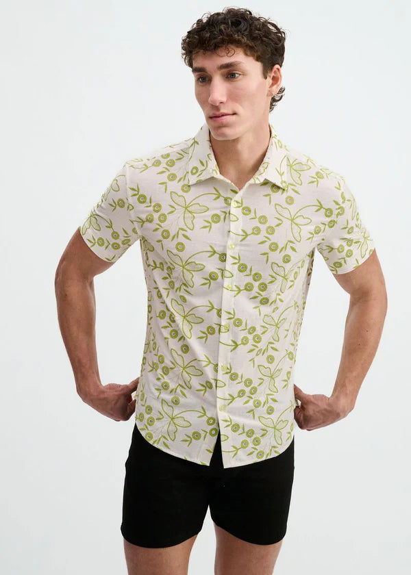 Open Knit Short Sleeve Shirt w/rib collar - Ivy Floral Ivy