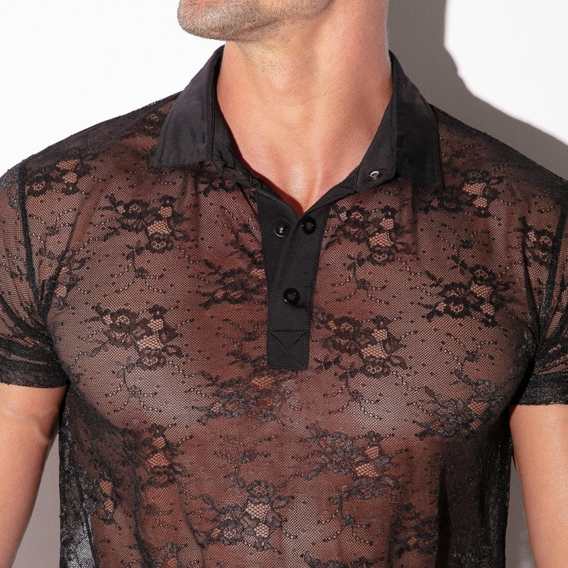 Sheer Lace Polo Black
