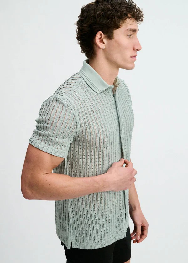 Open Knit Short Sleeve Shirt w/rib collar - Ocean
