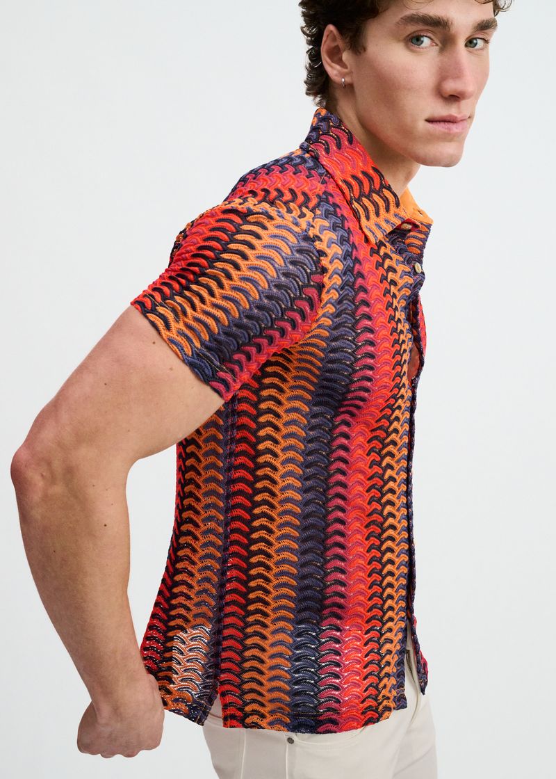 Vertical Arrow Open Knit Short Sleeve Shirt