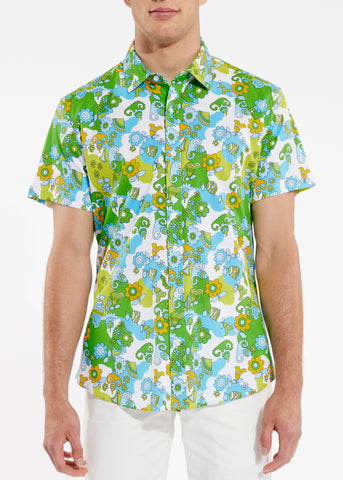 Lime Floral Knit Stretch Shirt - Lime/Teal