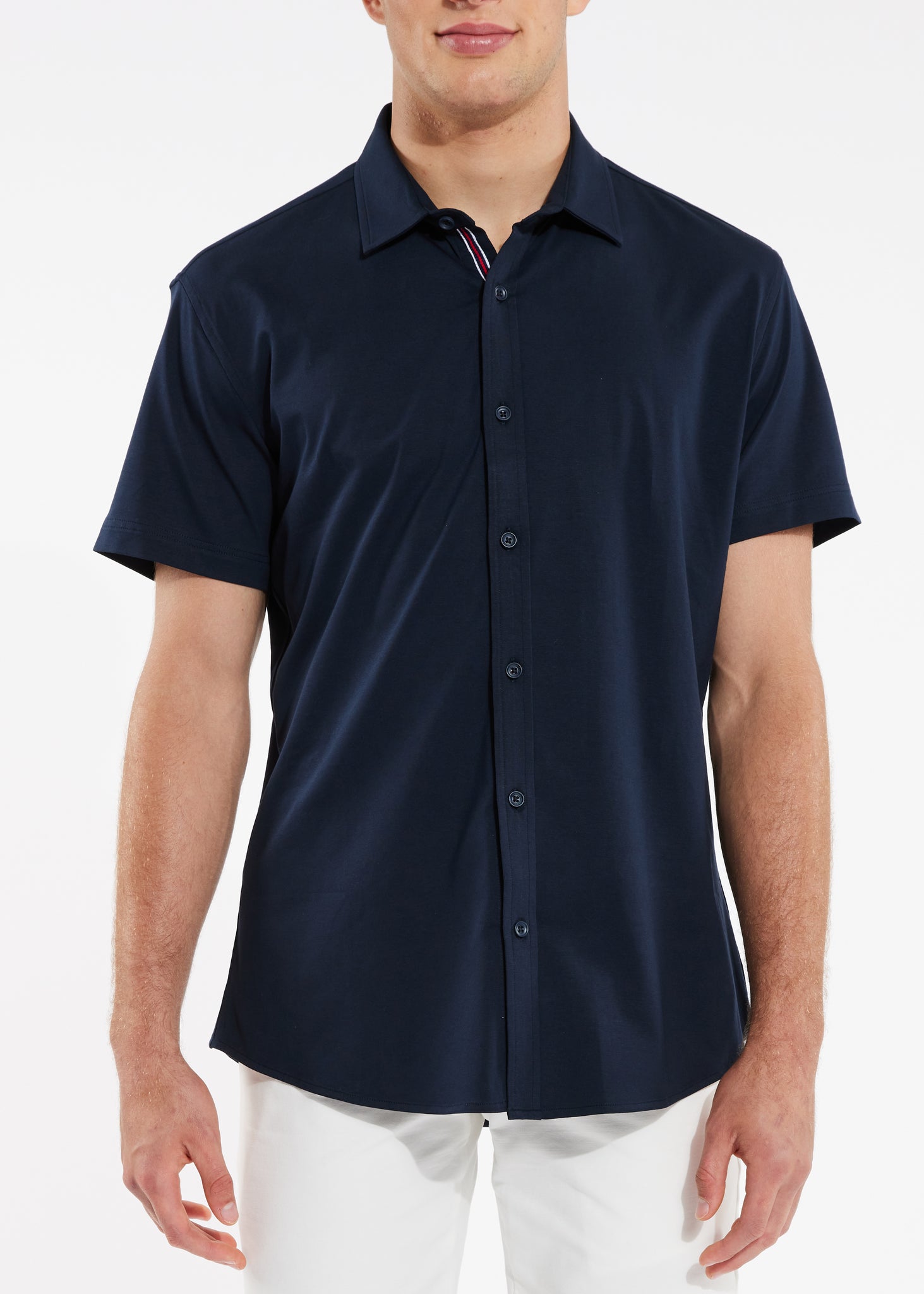 Solid Knit Stretch Shirt w/ Tape Detail Navy